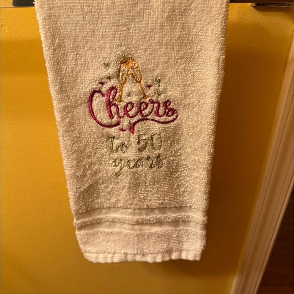 White Cheers to 50 Years Hand Towel